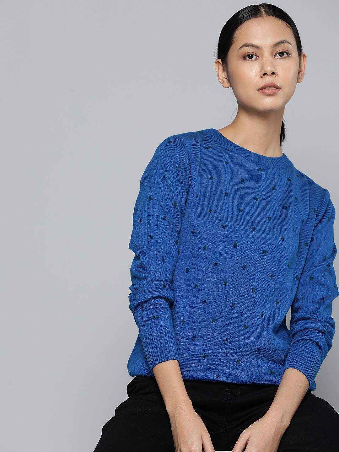 

ether Women Blue Acrylic Self-Design Geometric Pattern Pullover