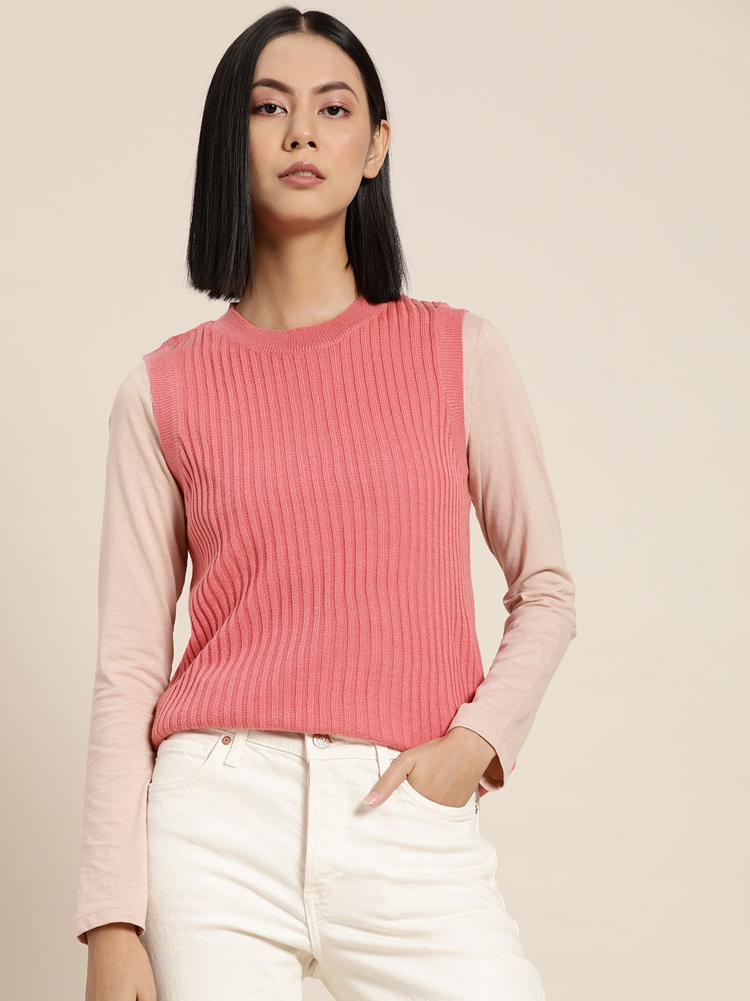 

ether Women Pink Self-Striped Sweater Vest