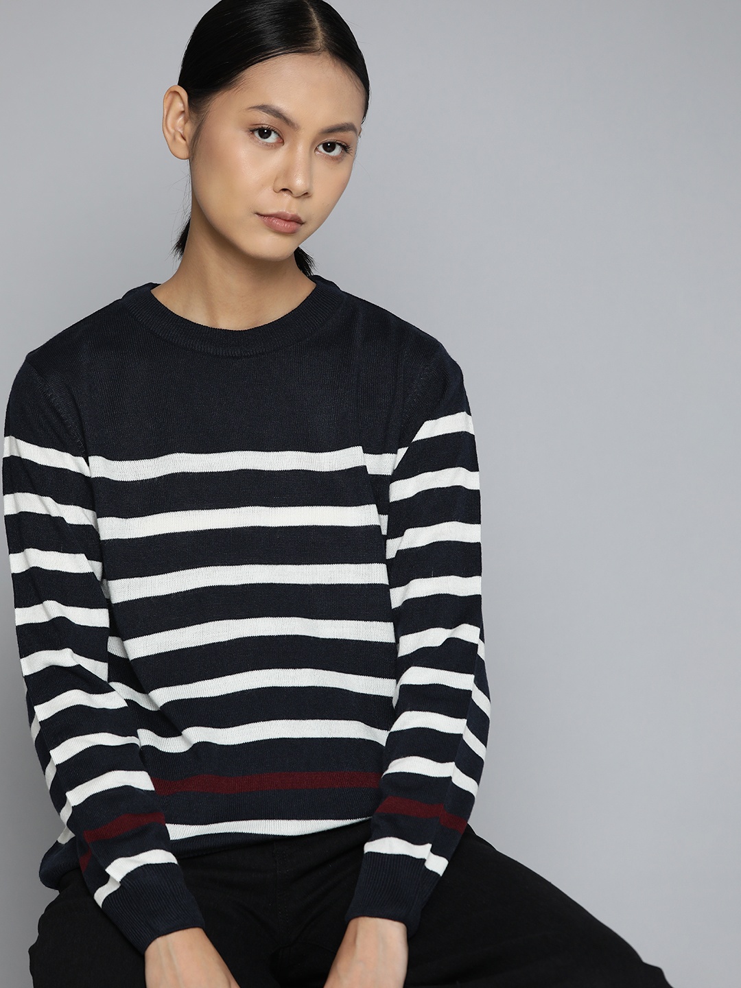 

ether Women Navy Blue & White Striped Acrylic Pullover