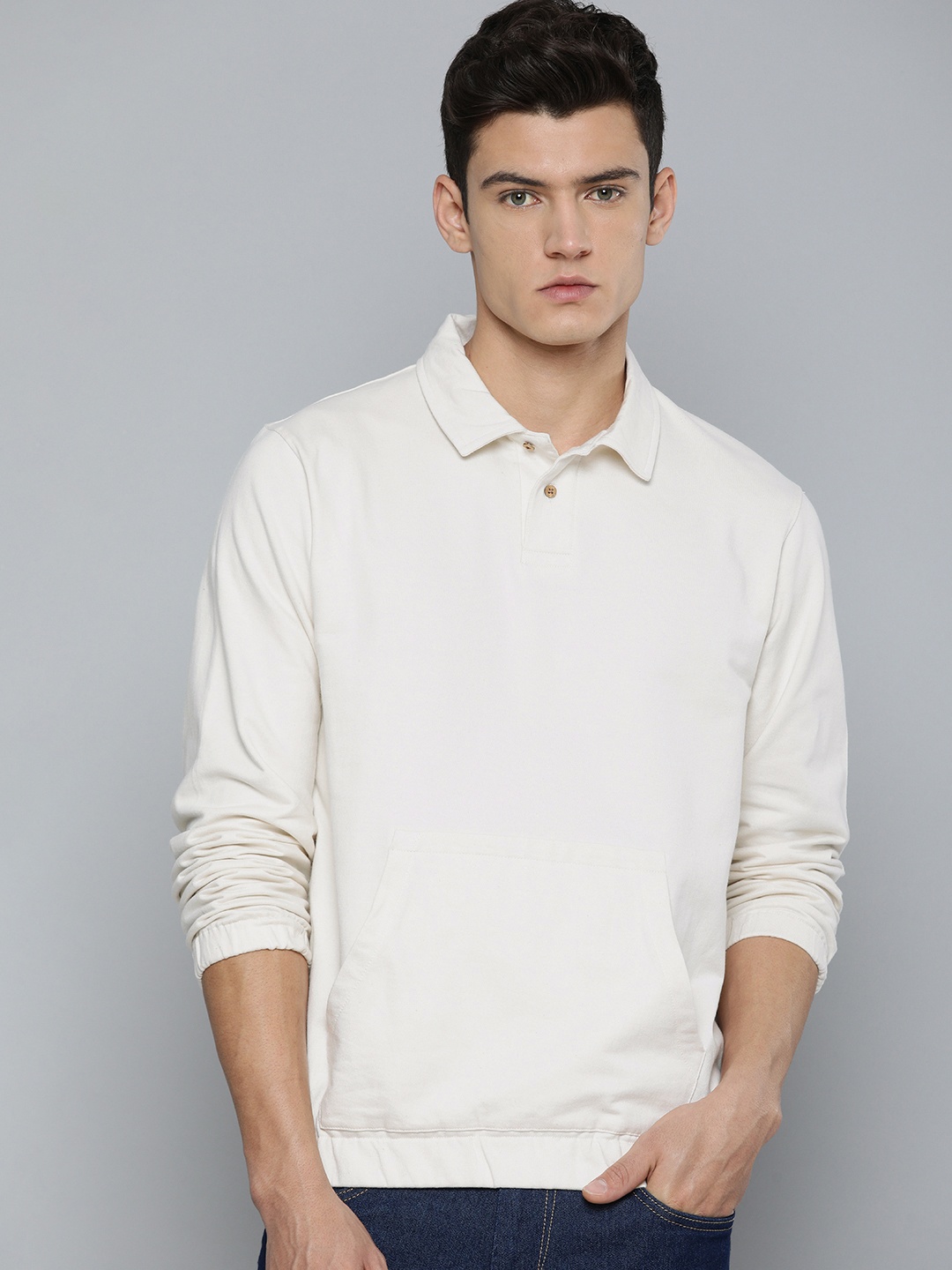 

ether Men White Solid Shirt Collar Pure Cotton Sweatshirt
