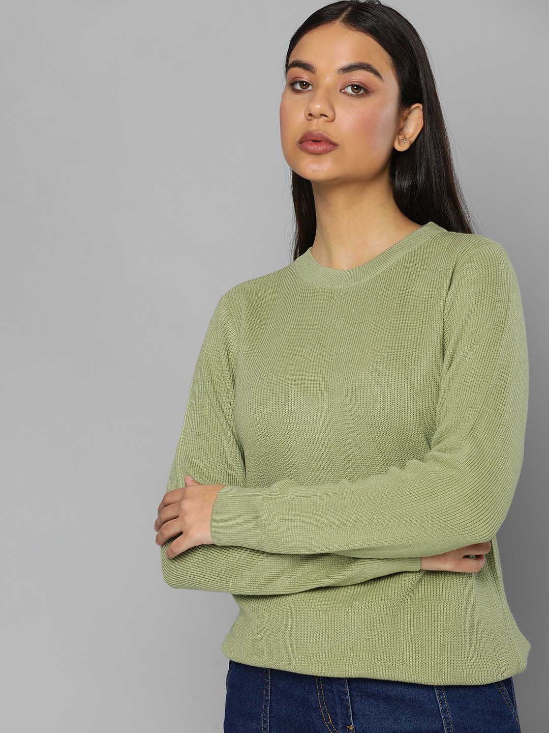 

ether Women Green Solid Round-Neck Long Sleeves Open-Knit Pullover