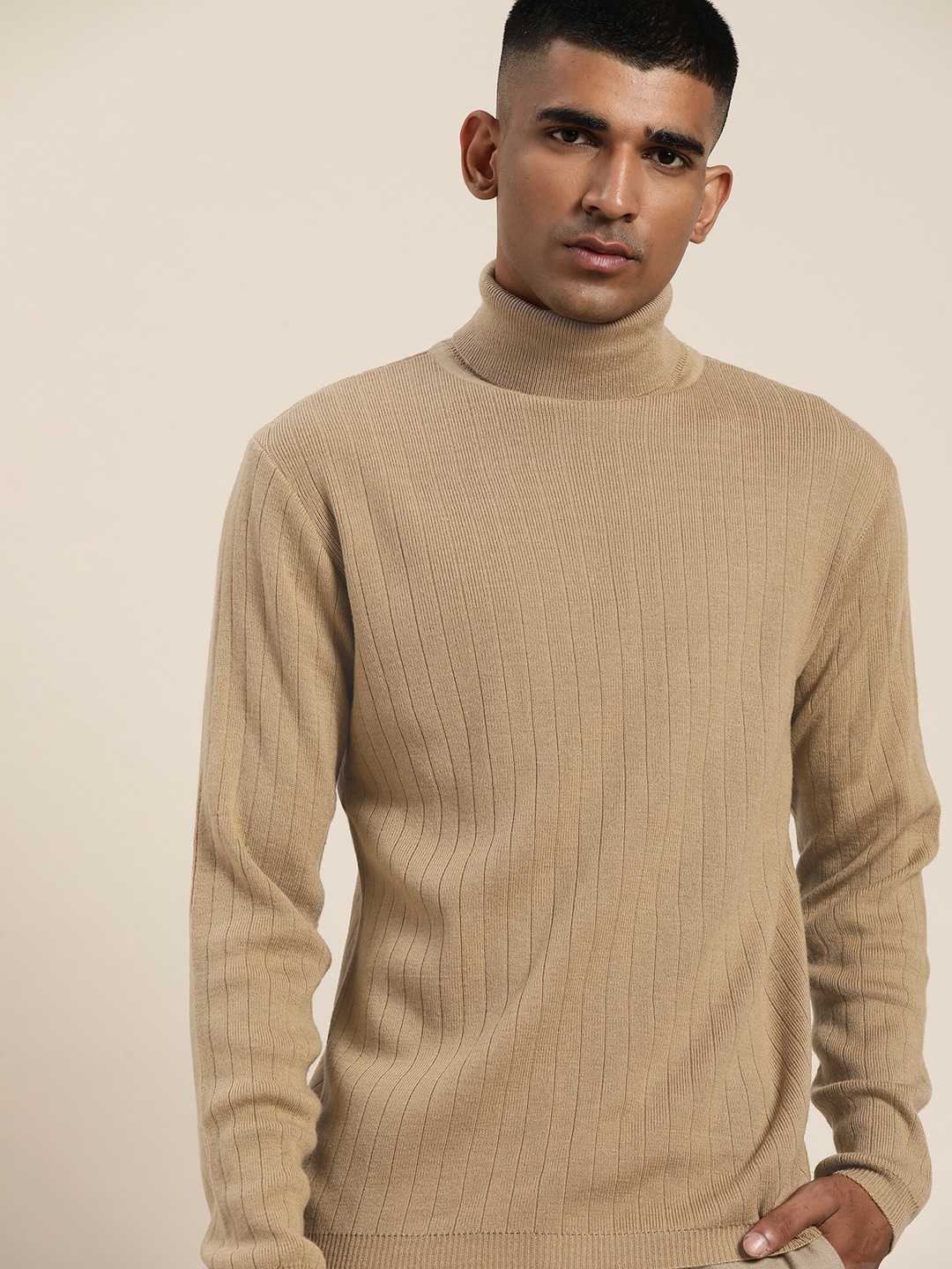 

ether Men Beige Ribbed Striped Pullover