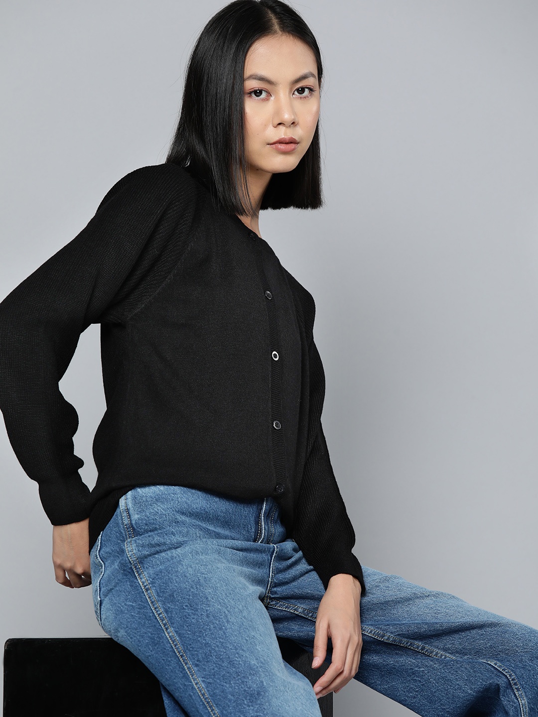 

ether Women Black Solid Acrylic Raglan Sleeves Cardigan
