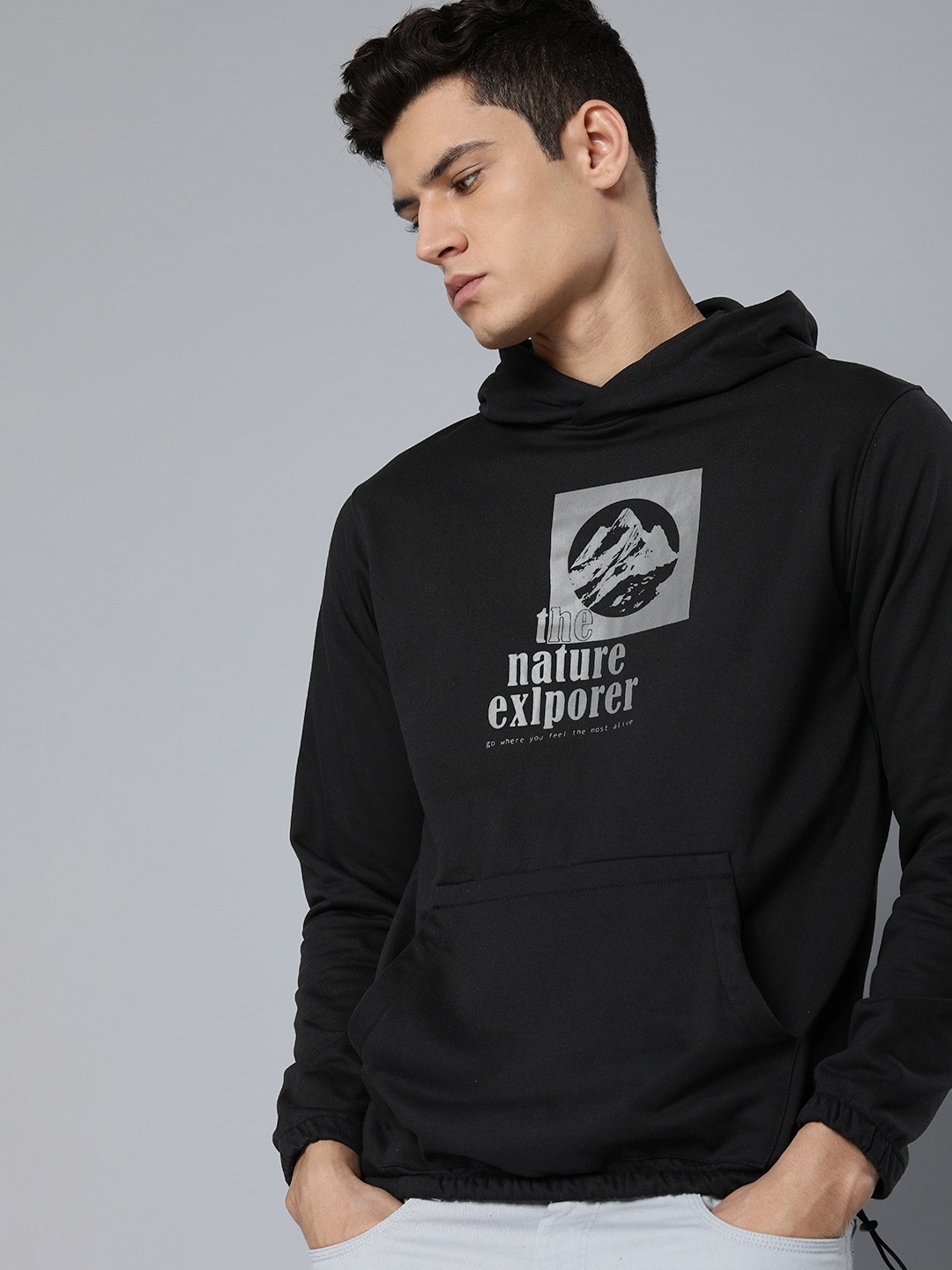 

ether Men Black Printed Hooded Sweatshirt