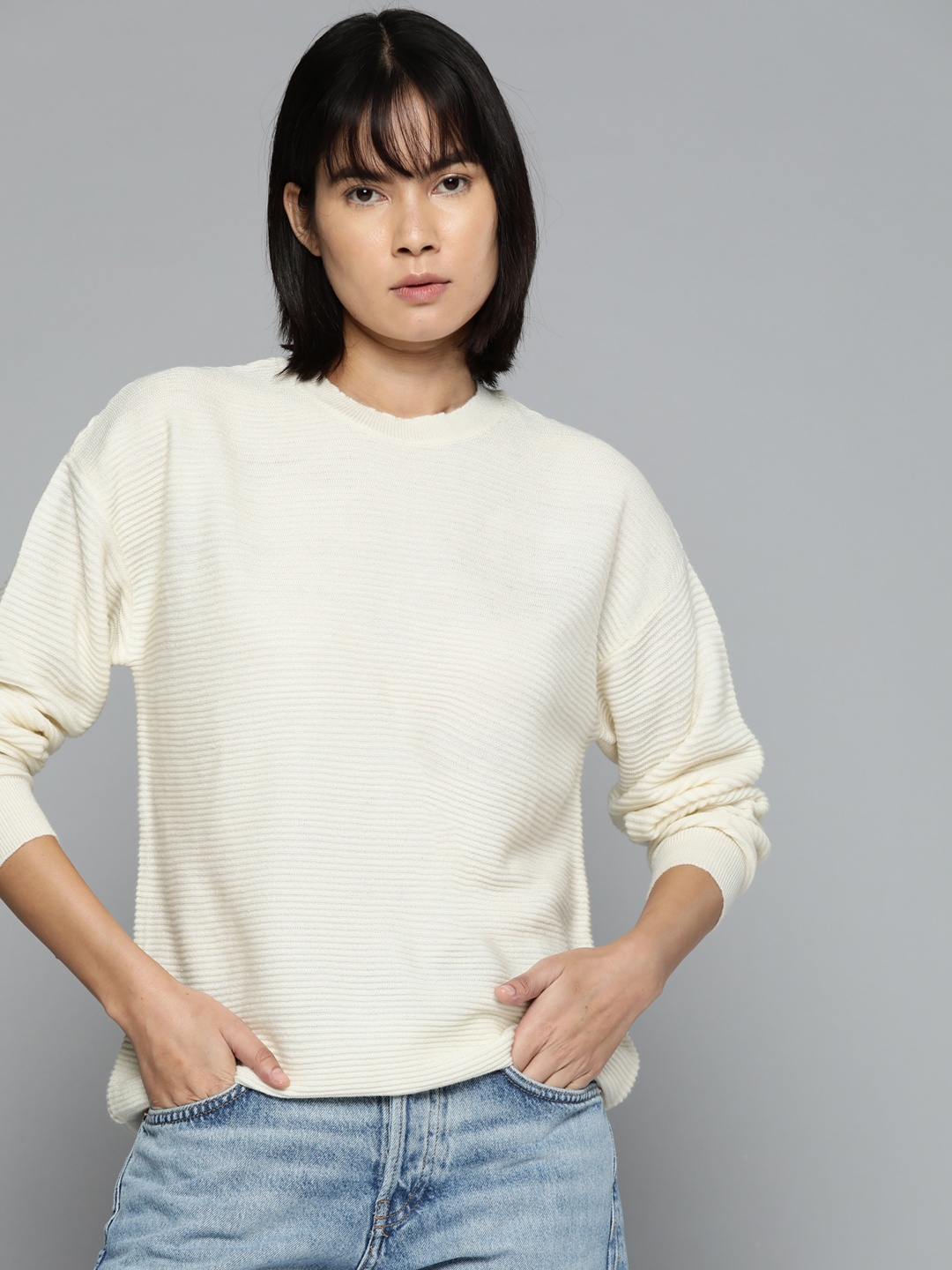 

ether Women Cream-Coloured Self Striped Pullover
