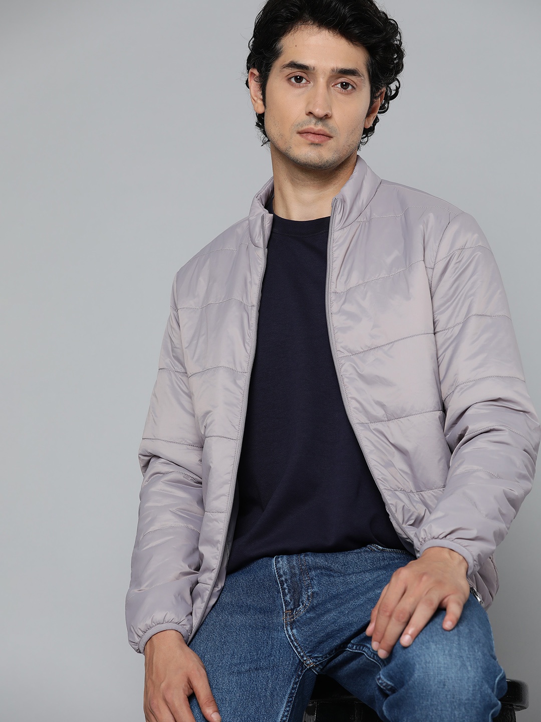

ether Men Grey Solid Mock Collar Padded Jacket