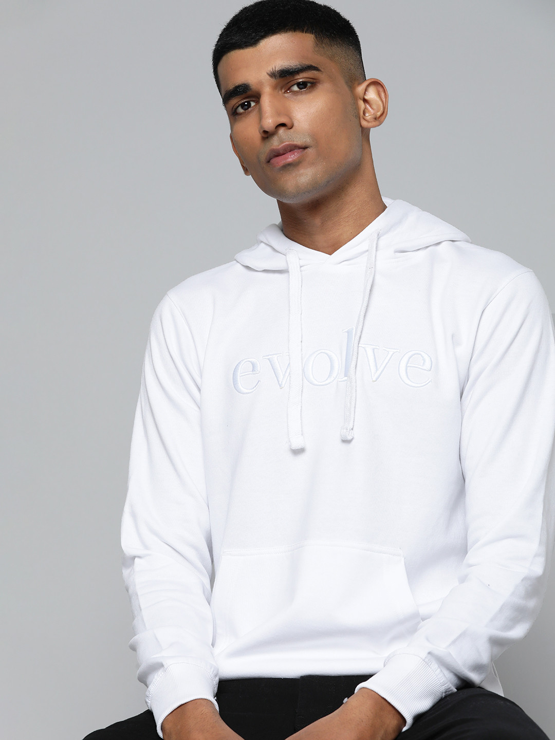 

ether Men White Embroidered Hooded Sweatshirt