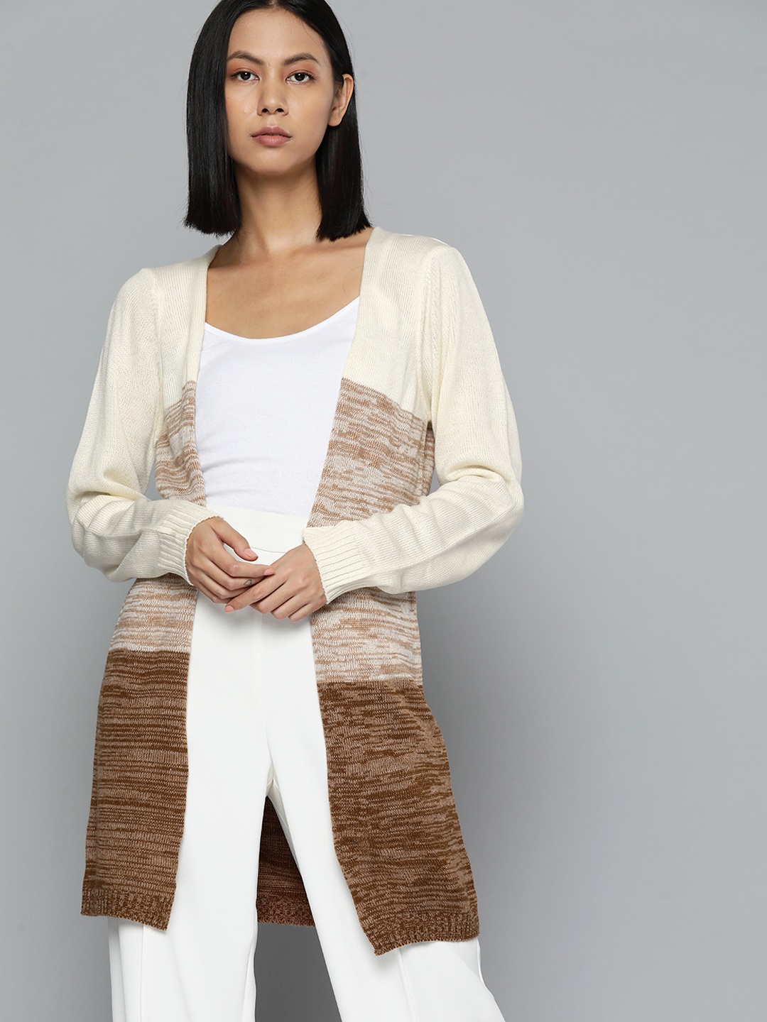 

ether Women Colourblocked Longline Front-Open Sweater, Beige