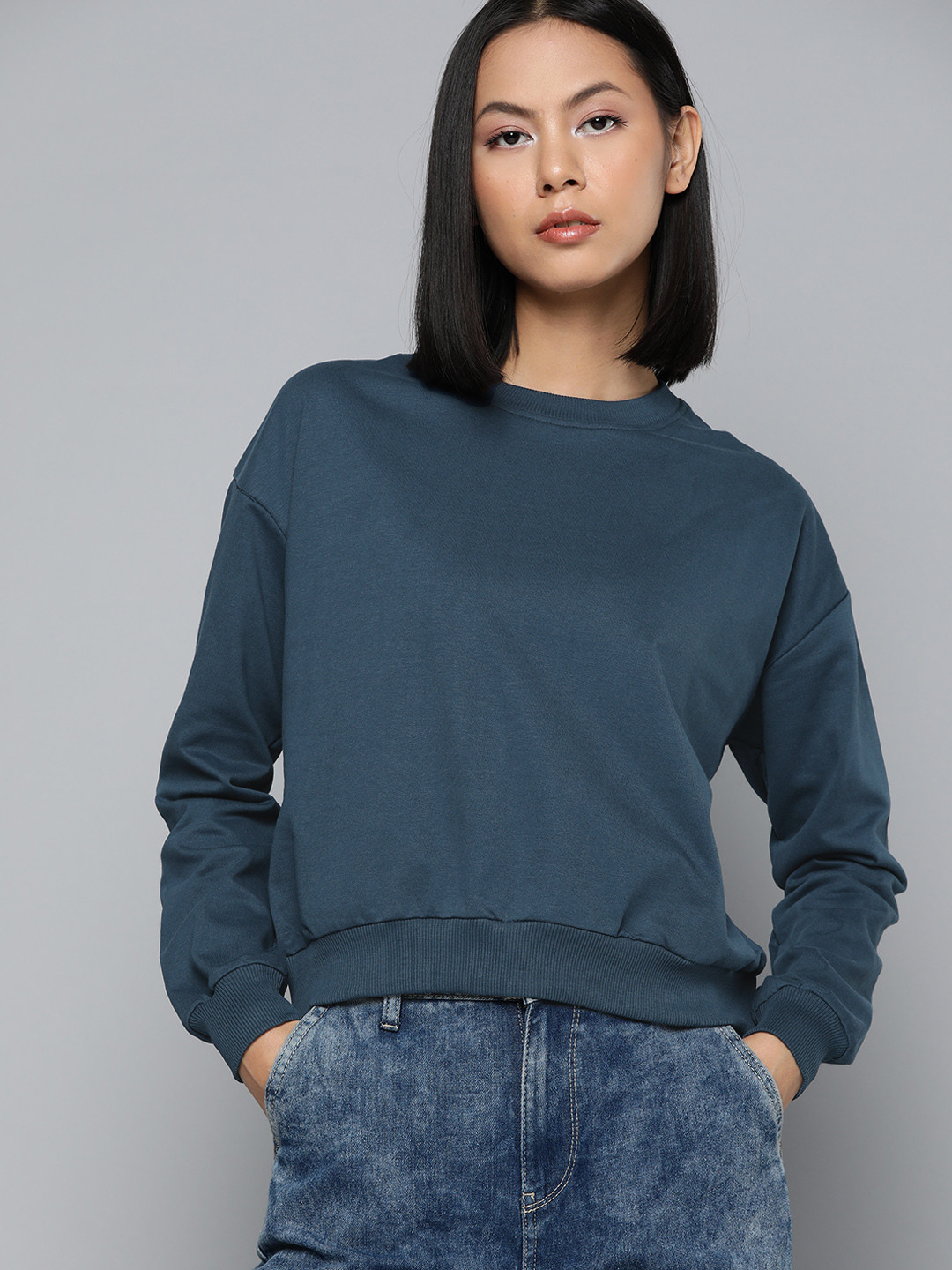 

ether Round Neck Drop Shoulder Sleeves Sweatshirt, Navy blue