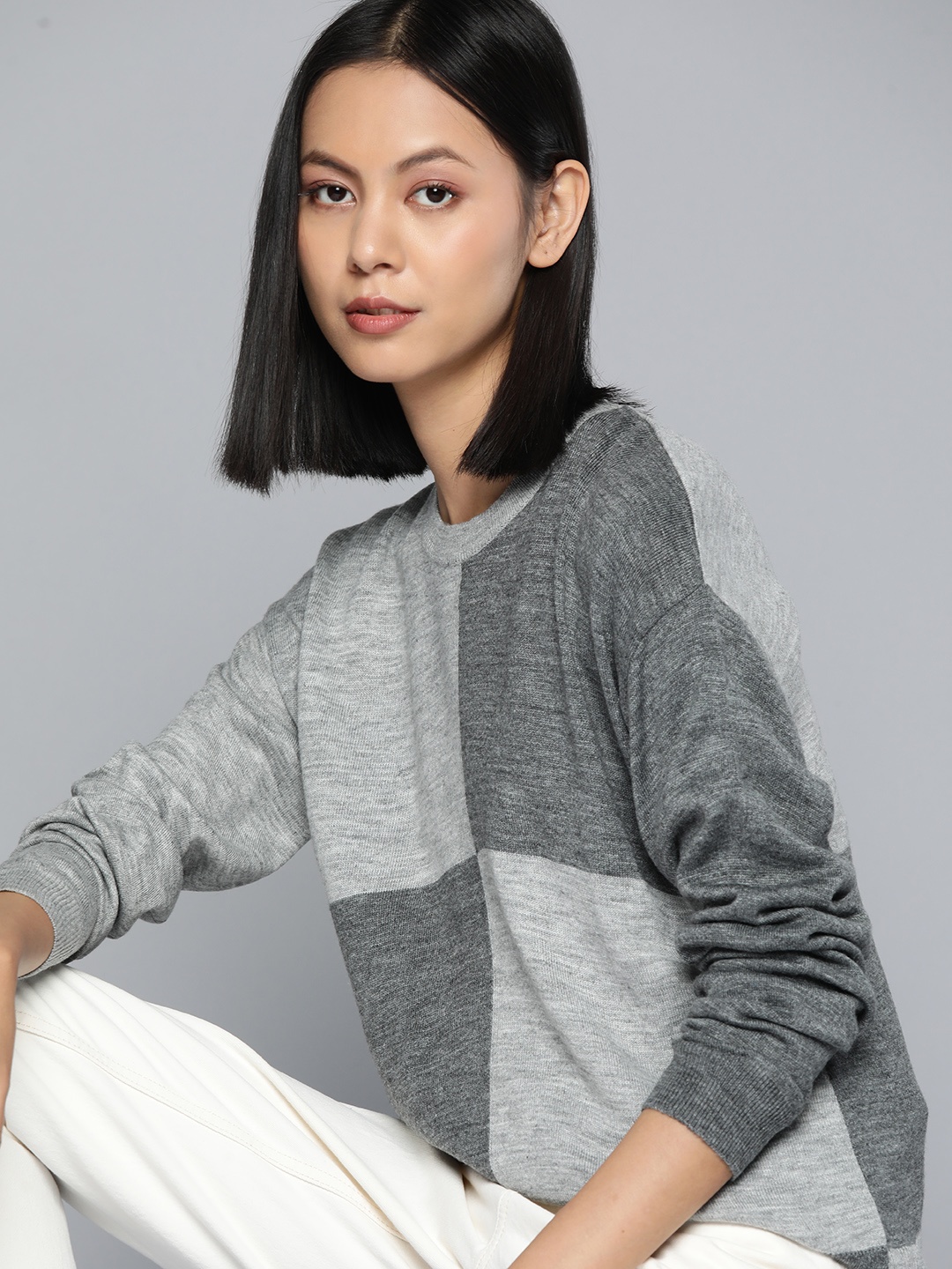 

ether Women Acrylic Colourblocked Pullover, Grey