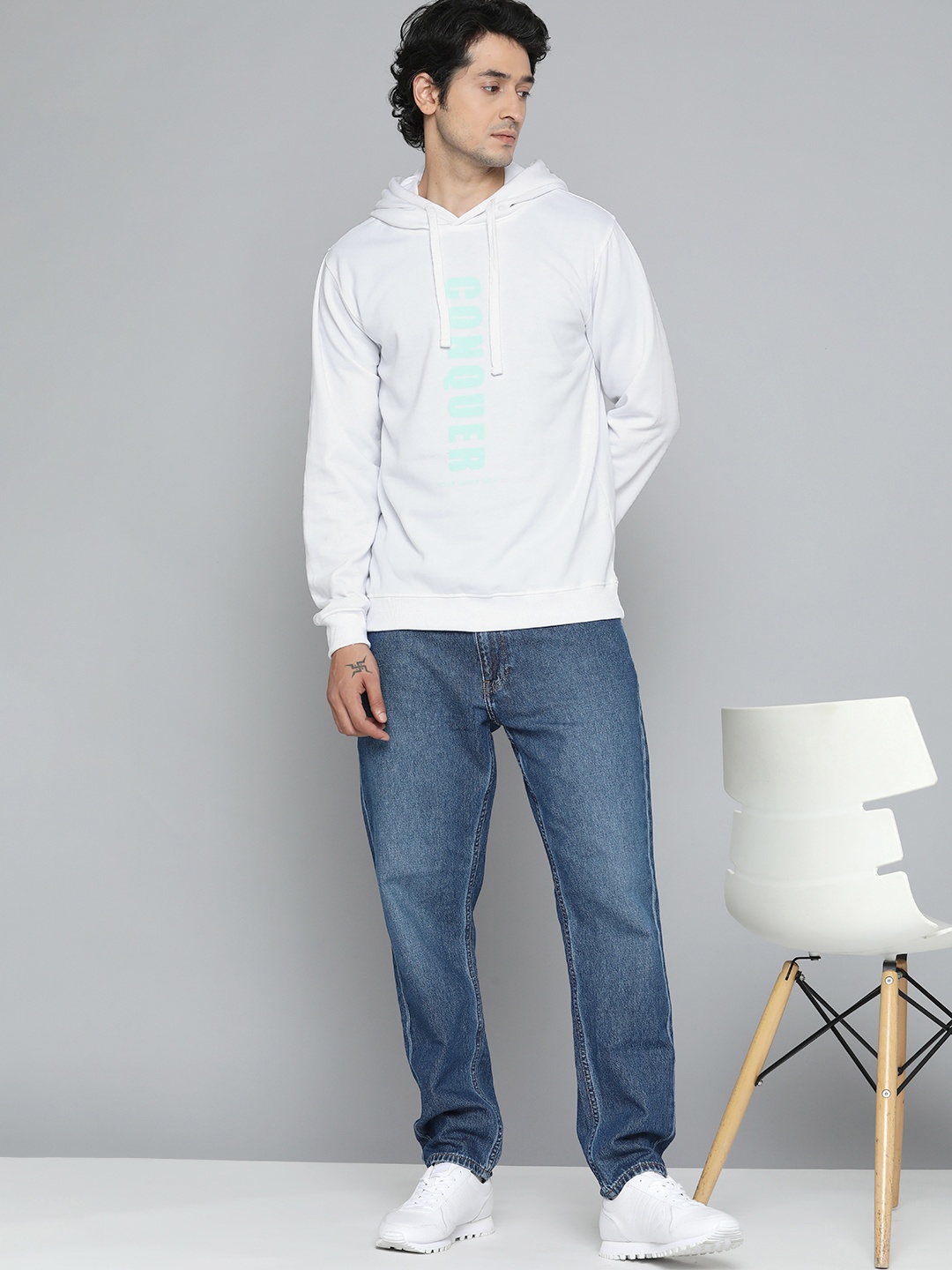 

ether Men White Printed Hooded Sweatshirt