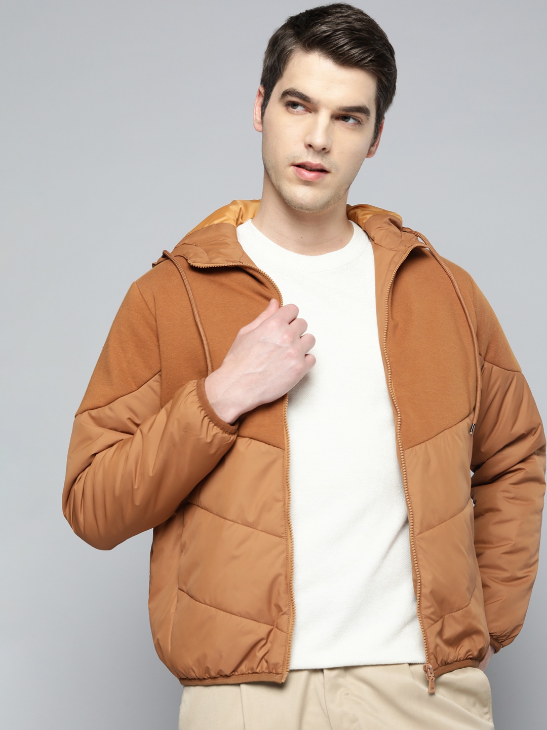 

ether Men Mustard Brown Solid Hooded Padded Jacket