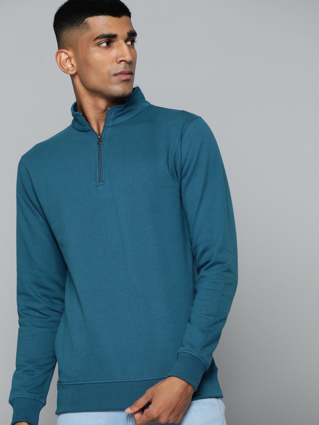 

ether Men Teal Blue Solid Half Zipper Mock Collar Sweatshirt