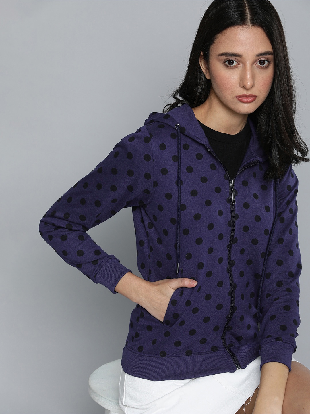 

ether Women Blue And Black Polka Dot Printed Front-Open Hooded Sweatshirt