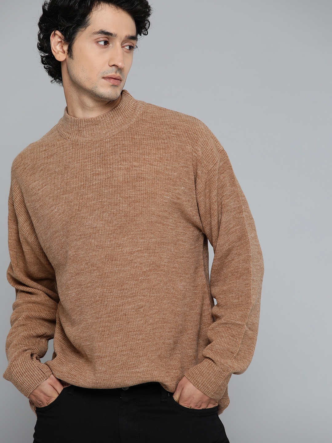 

ether Men Brown Solid Acrylic Knitted Pullover