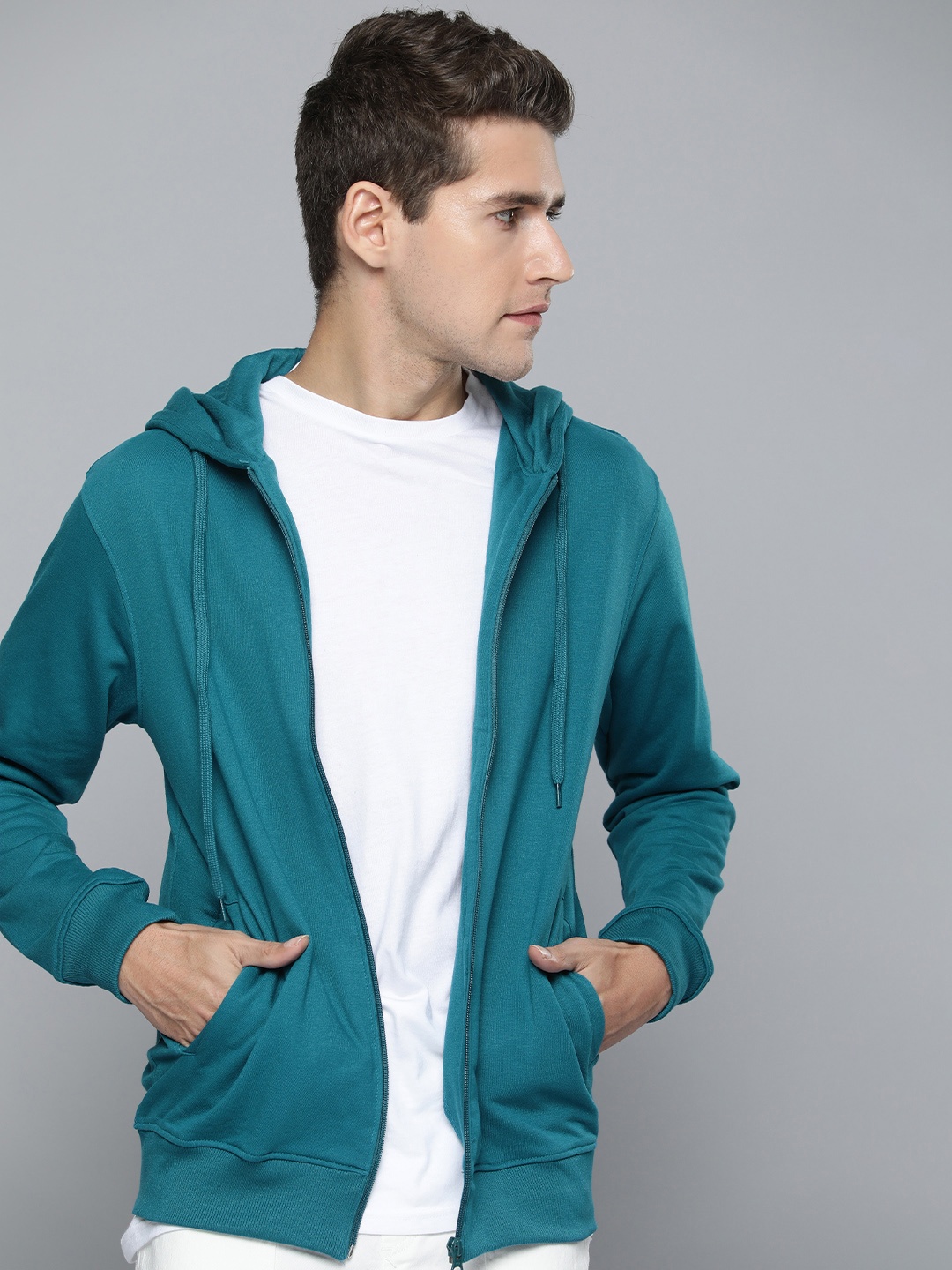 

Ether Men Blue Solid Open-Front Hooded Sweatshirt
