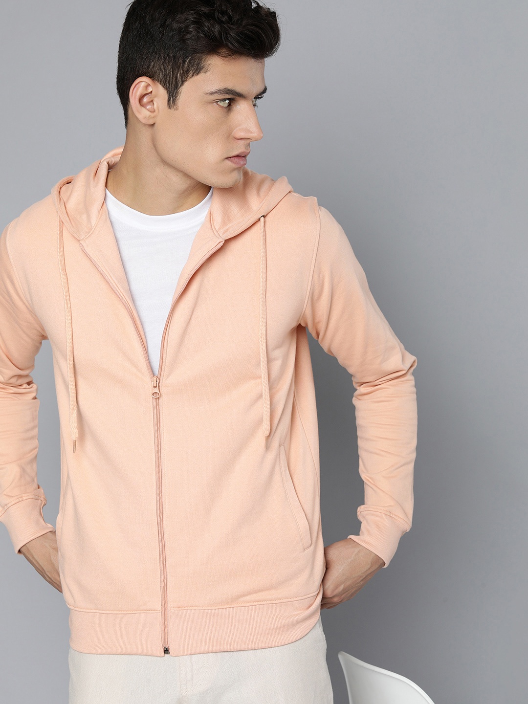 

ether Men Peach-Coloured Solid Hooded Sweatshirt