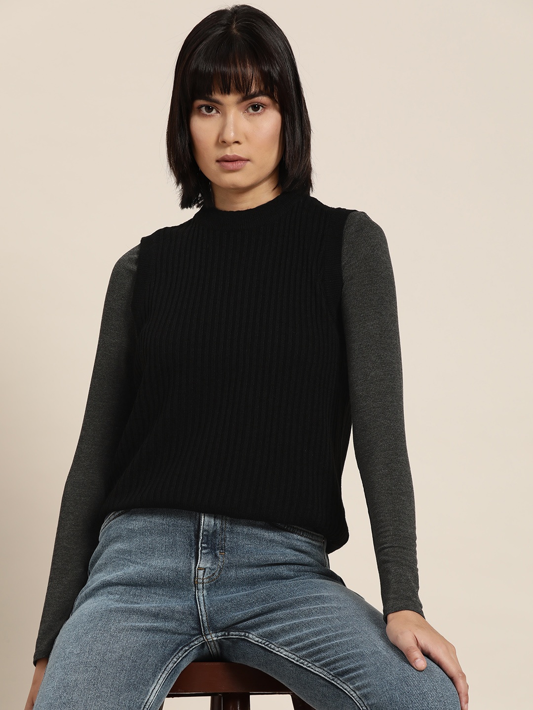 

ether Women Black Self-Striped Sweater Vest