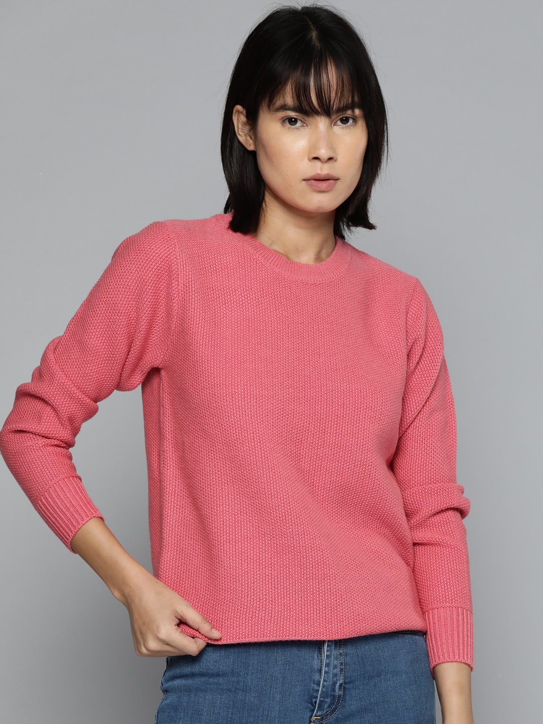 

ether Women Peach-Coloured Self Design Pullover