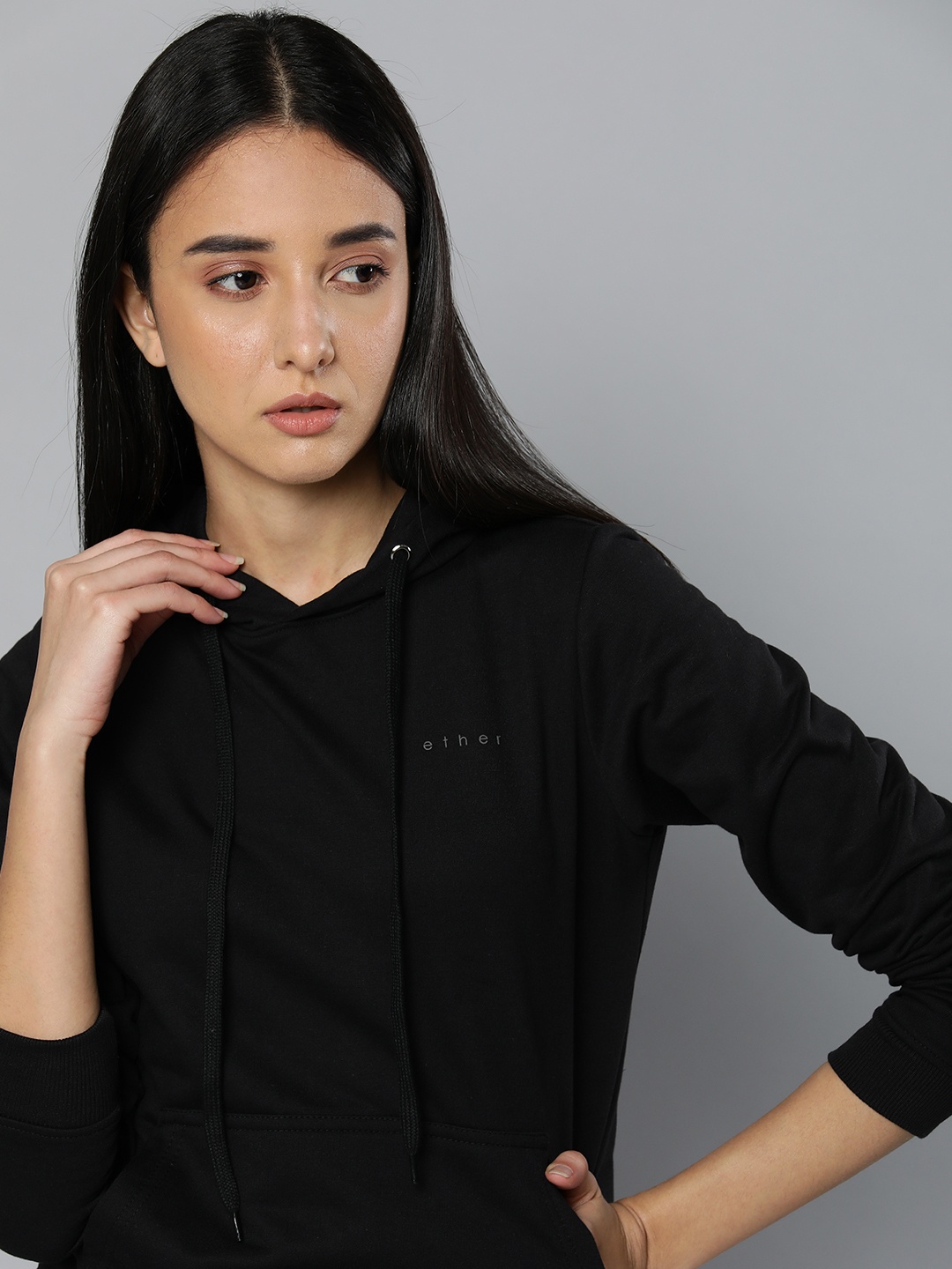 

ether Women Black Hooded Pullover Sweatshirt
