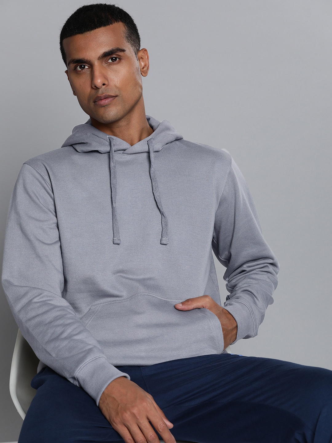 

ether Men Grey Solid Hooded Sweatshirt