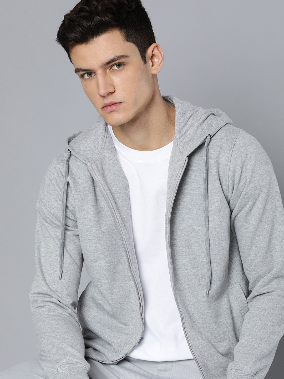 

ether Men Grey Solid Hooded Sweatshirt