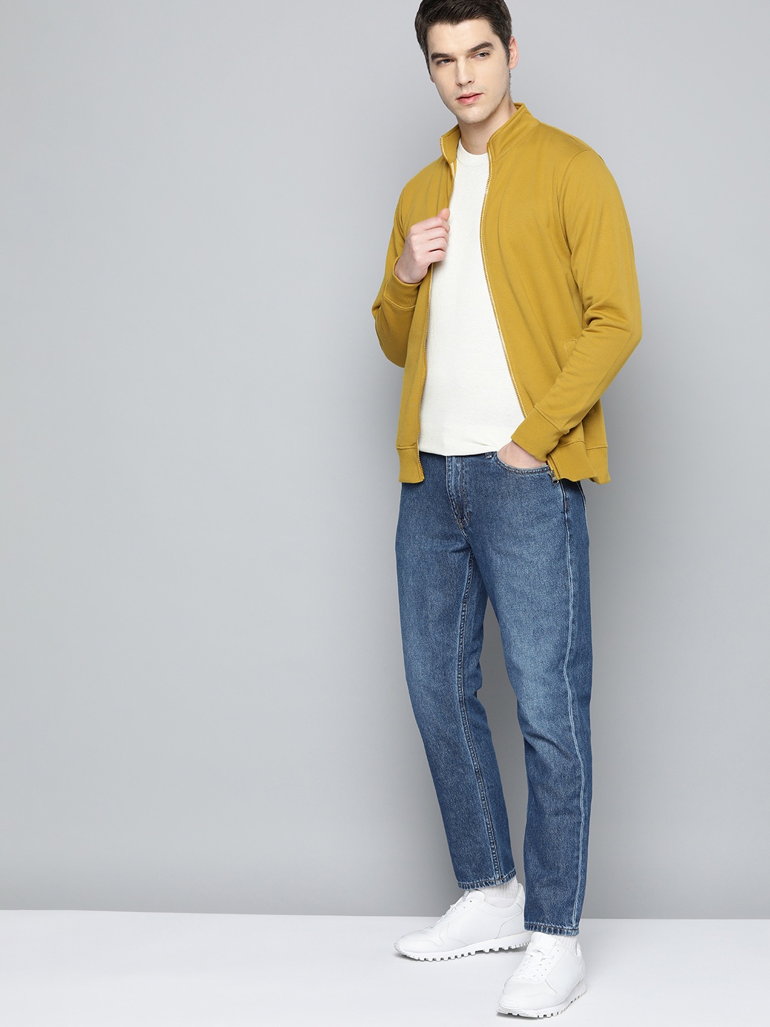

ether Men Mustard Brown Mock Collar Knitted Front-Open Jacket