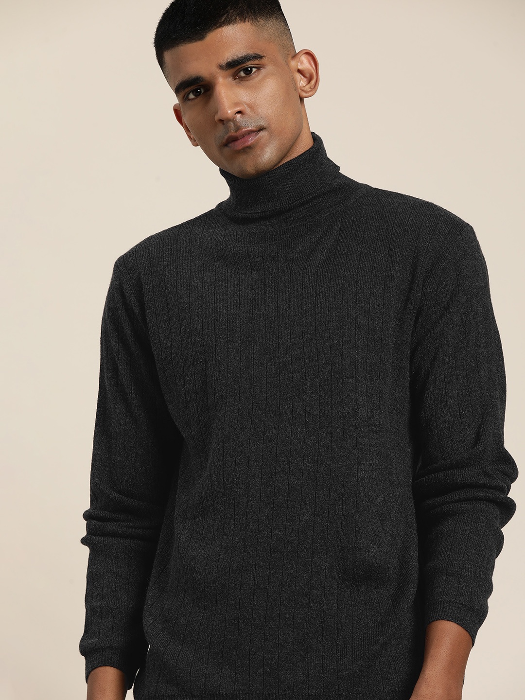 

ether Men Charcoal Grey Ribbed Pullover