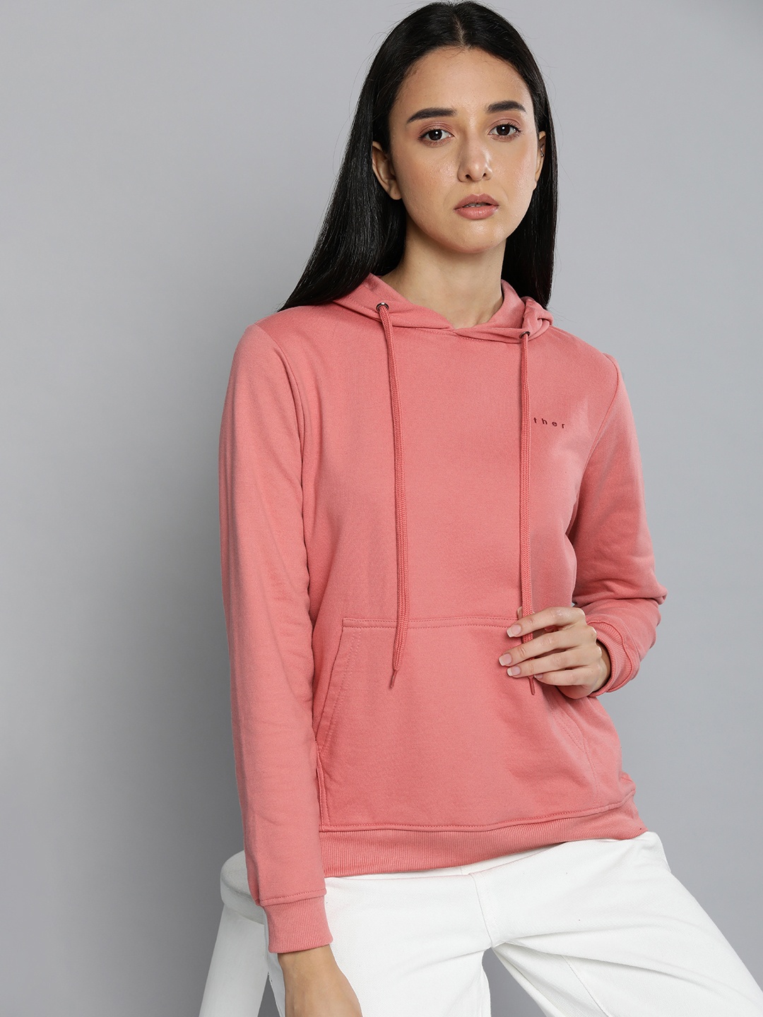 

ether Women Peach-Coloured Hooded Pullover Sweatshirt