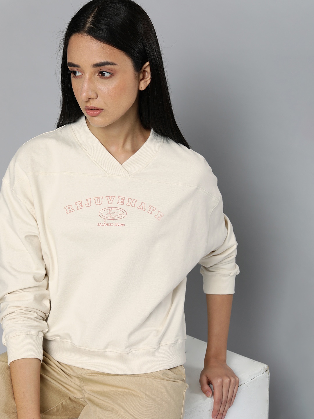 

ether Women Off White Printed Pure Cotton Sweatshirt