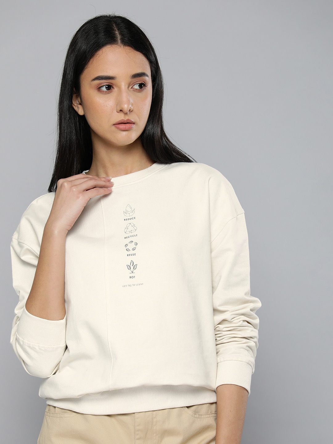 

ether Women Off White Printed Pure Cotton Sweatshirt