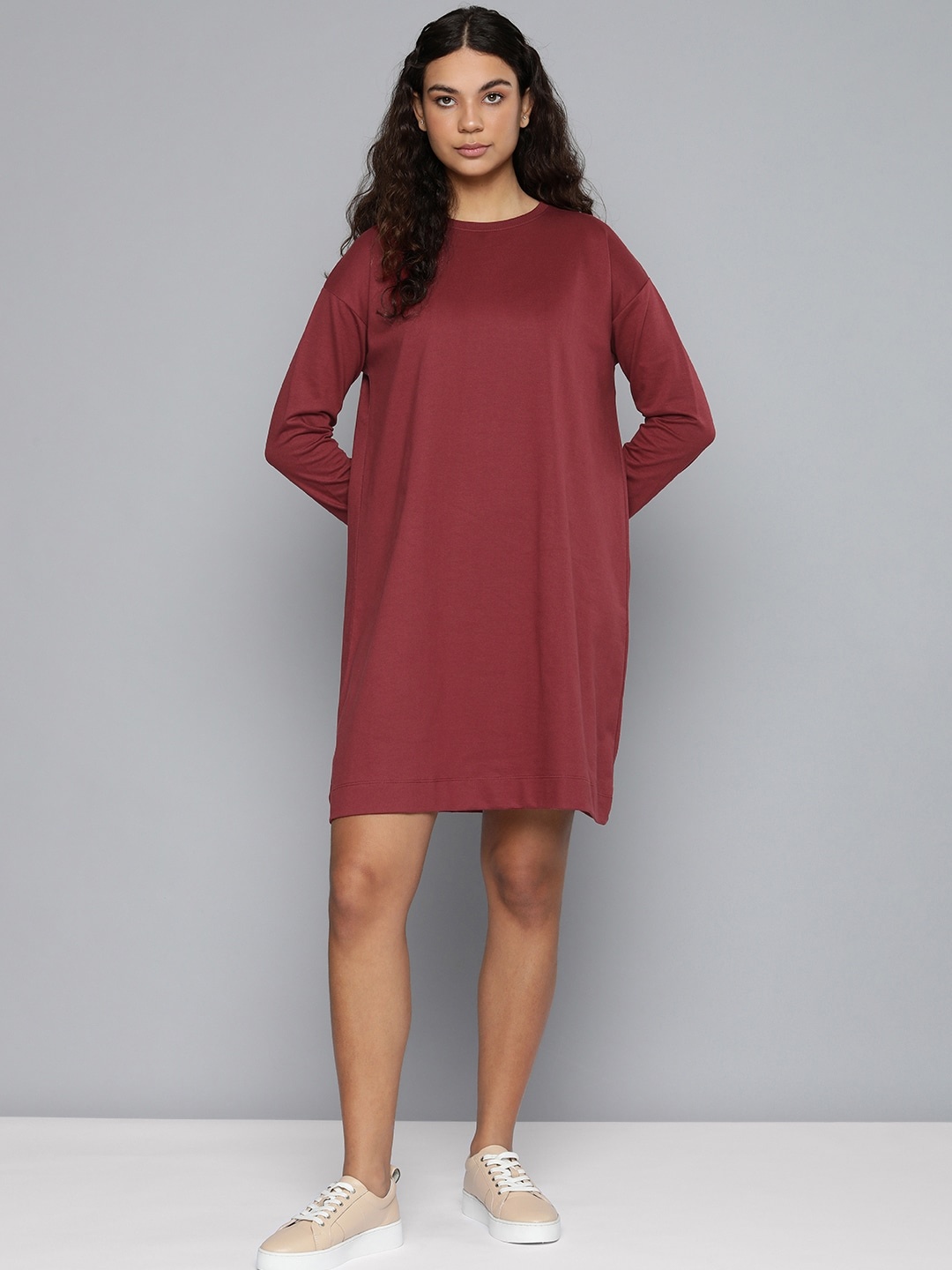 

ether Women Maroon Longline Full Sleeves Round Neck T-shirt Dress