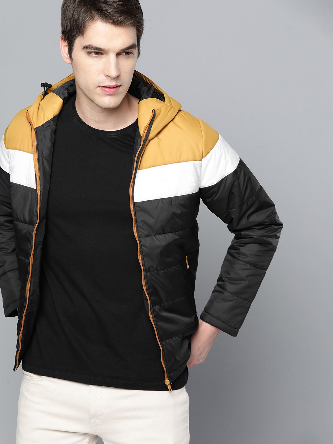 

ether Men Black Yellow Striped Padded Jacket