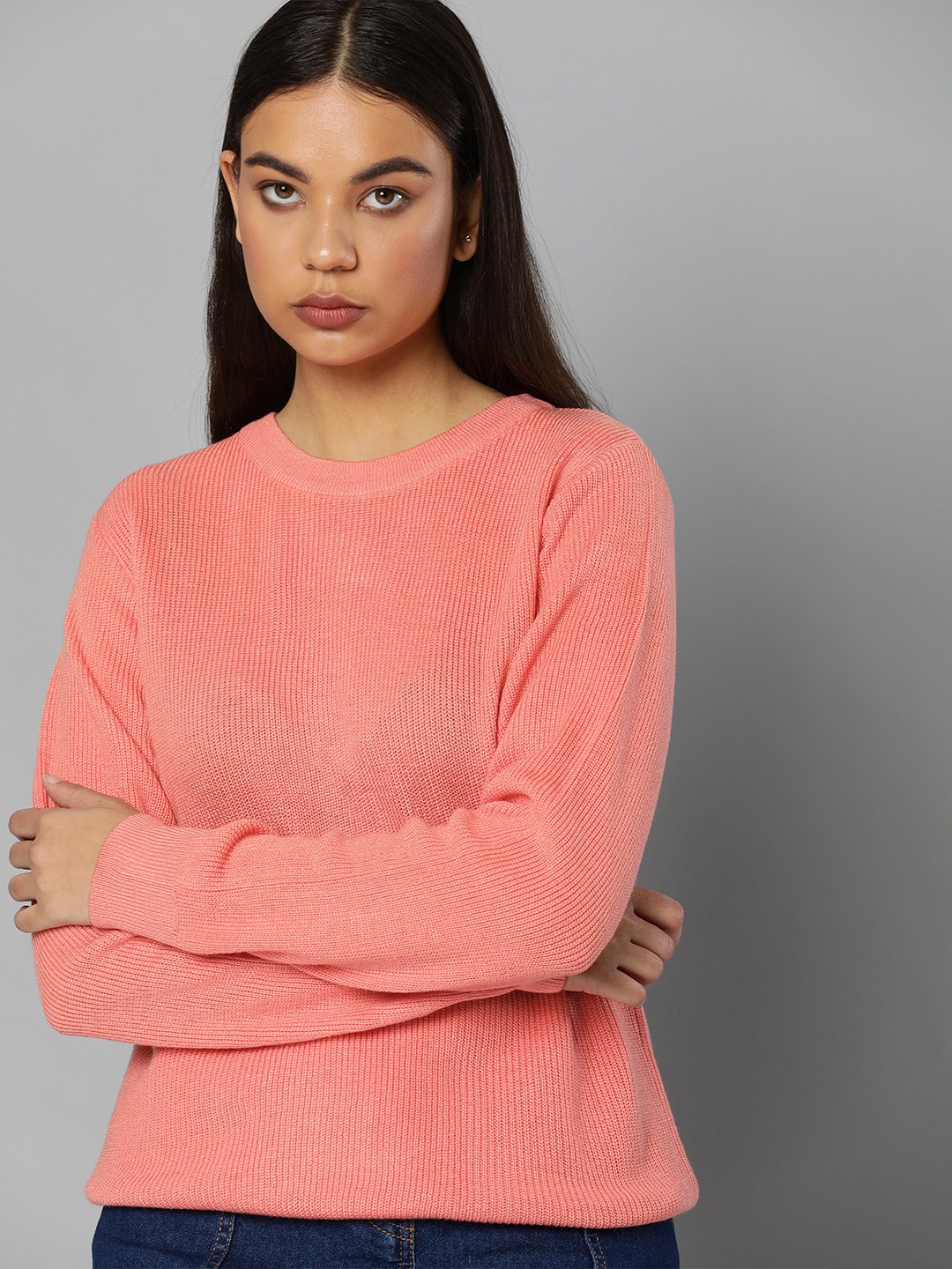 

ether Women Peach Round-Neck Long Sleeves Open-Knit Pullover