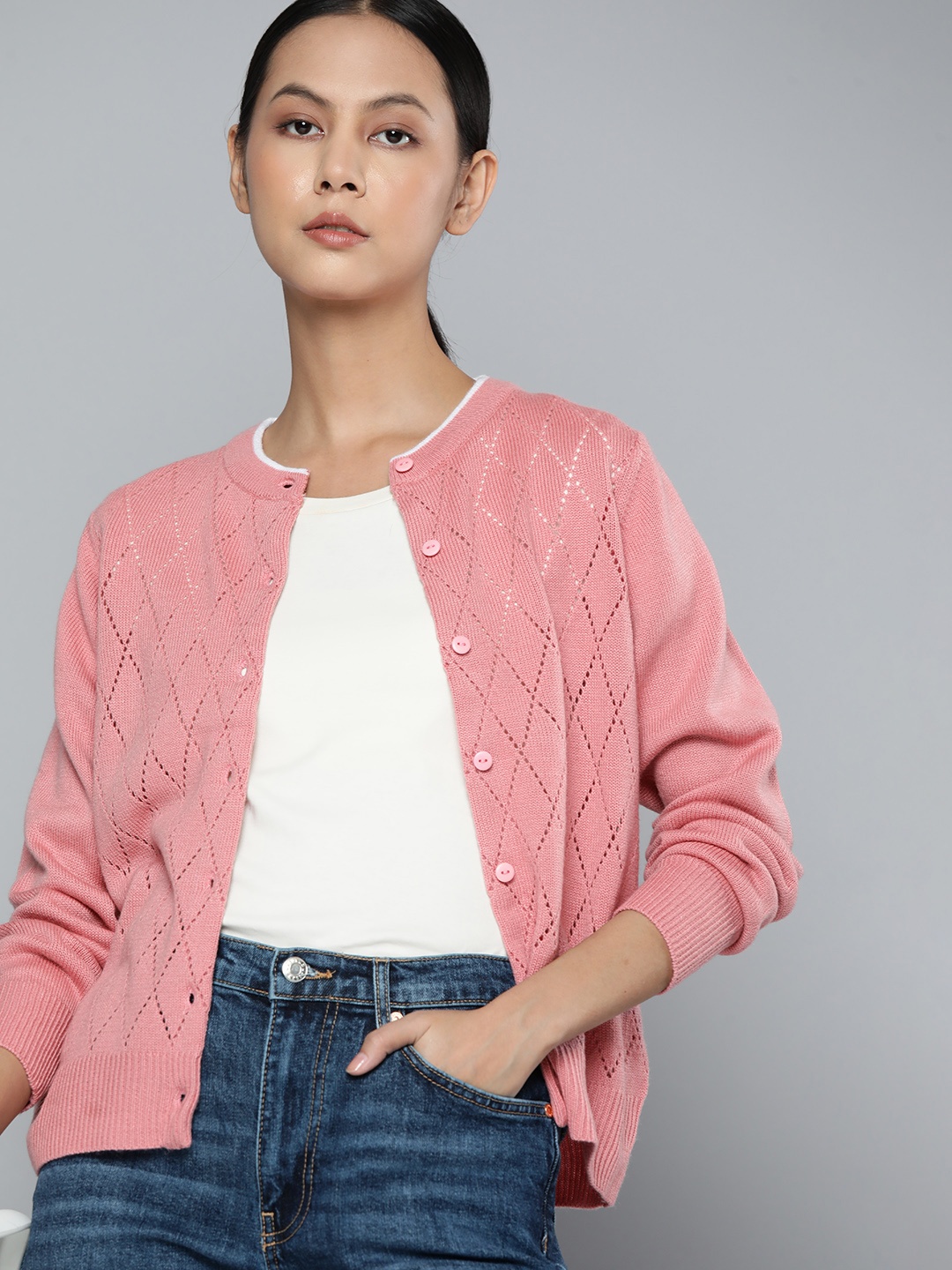 

ether Women Pink Acrylic Self-Design Open-Knit Cardigan