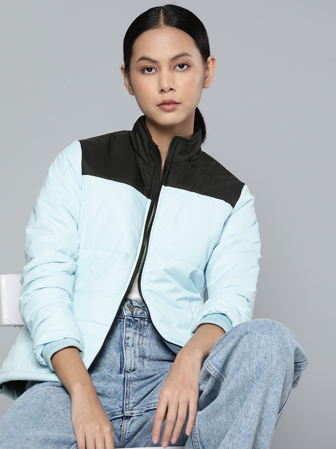 

ether Women Blue Black Colourblocked Padded Jacket