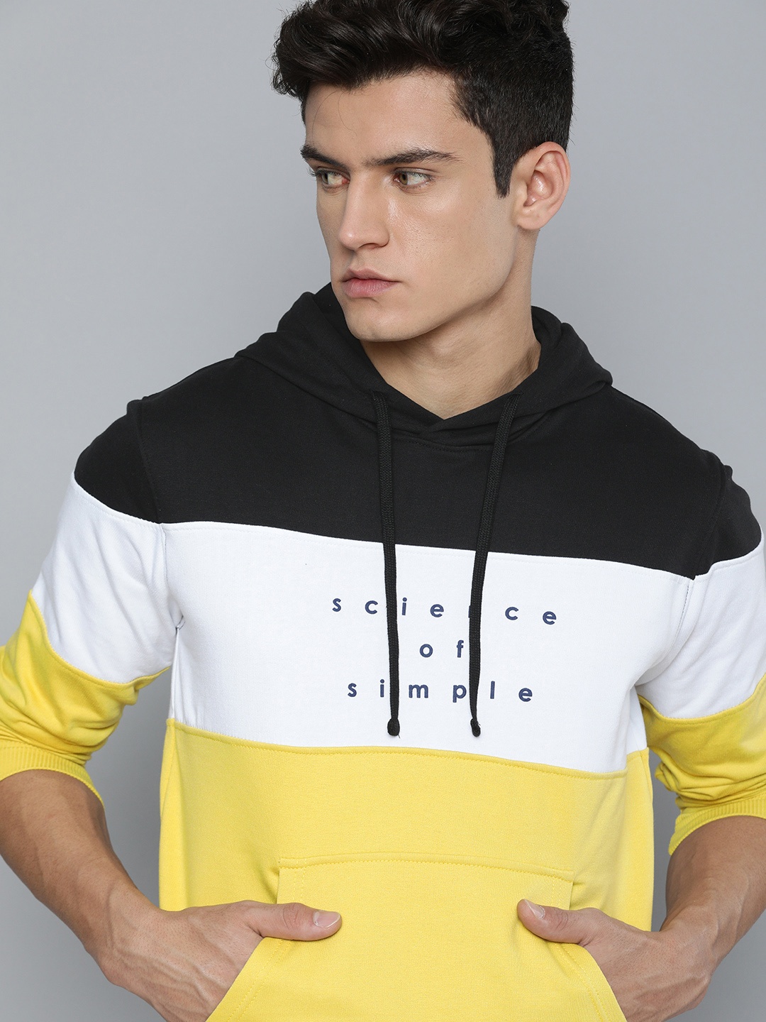 

ether Men Mustard Colourblocked Hooded Sweatshirt