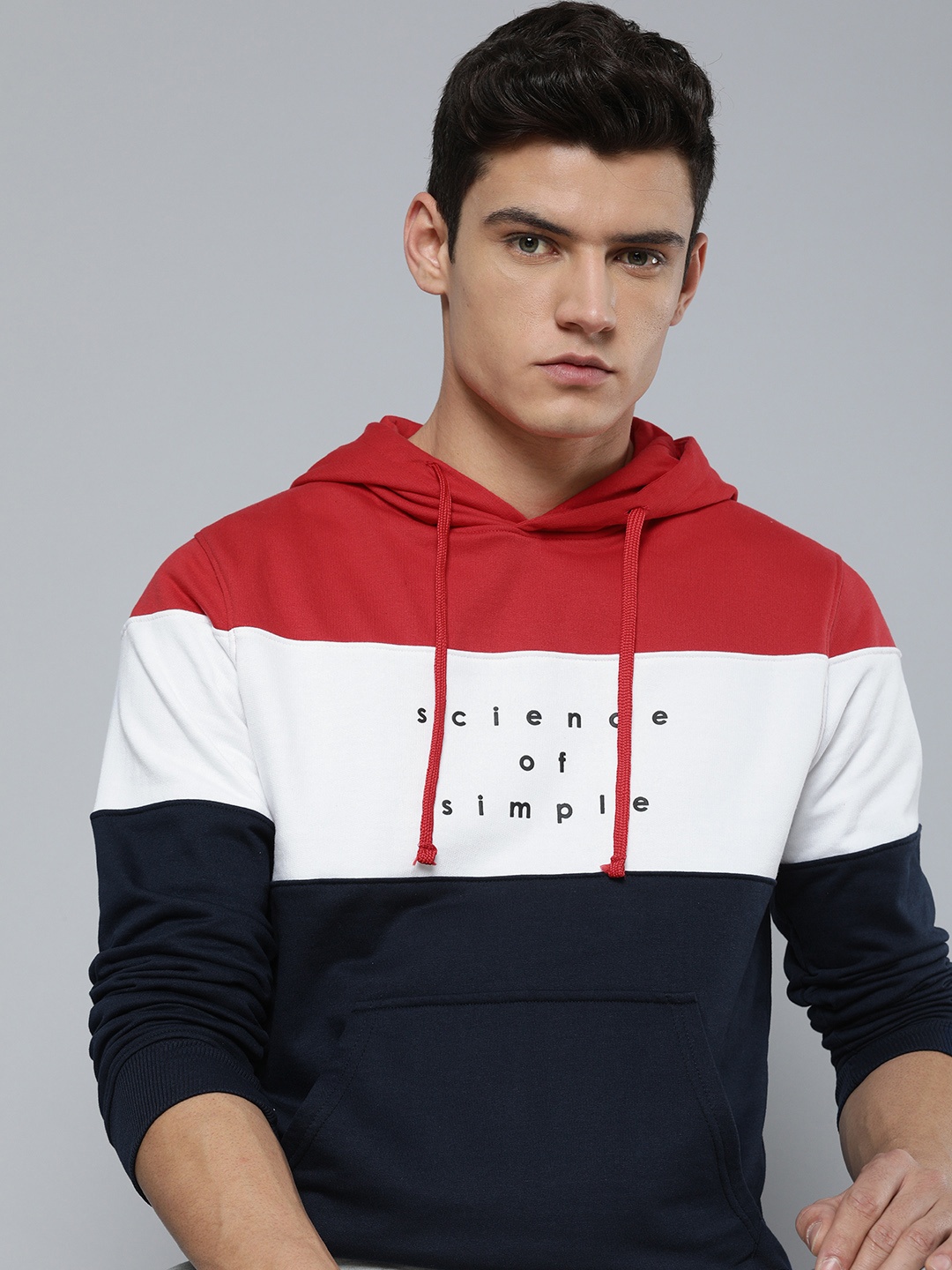 

ether Men Navy Blue Colourblocked Hooded Sweatshirt