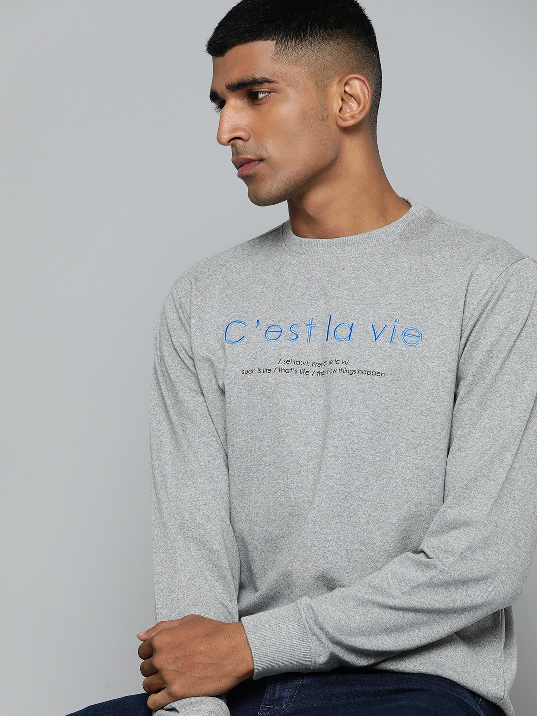 

ether Men Grey Melange Embroidered Sweatshirt