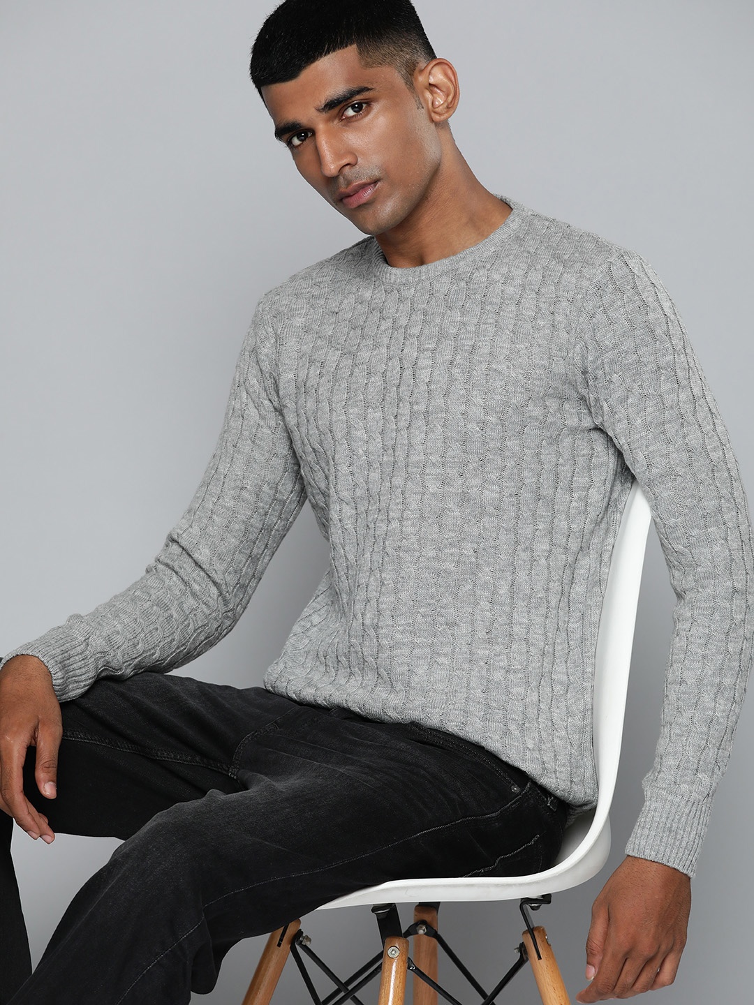 

ether Men Grey Melange Self Design Pullover