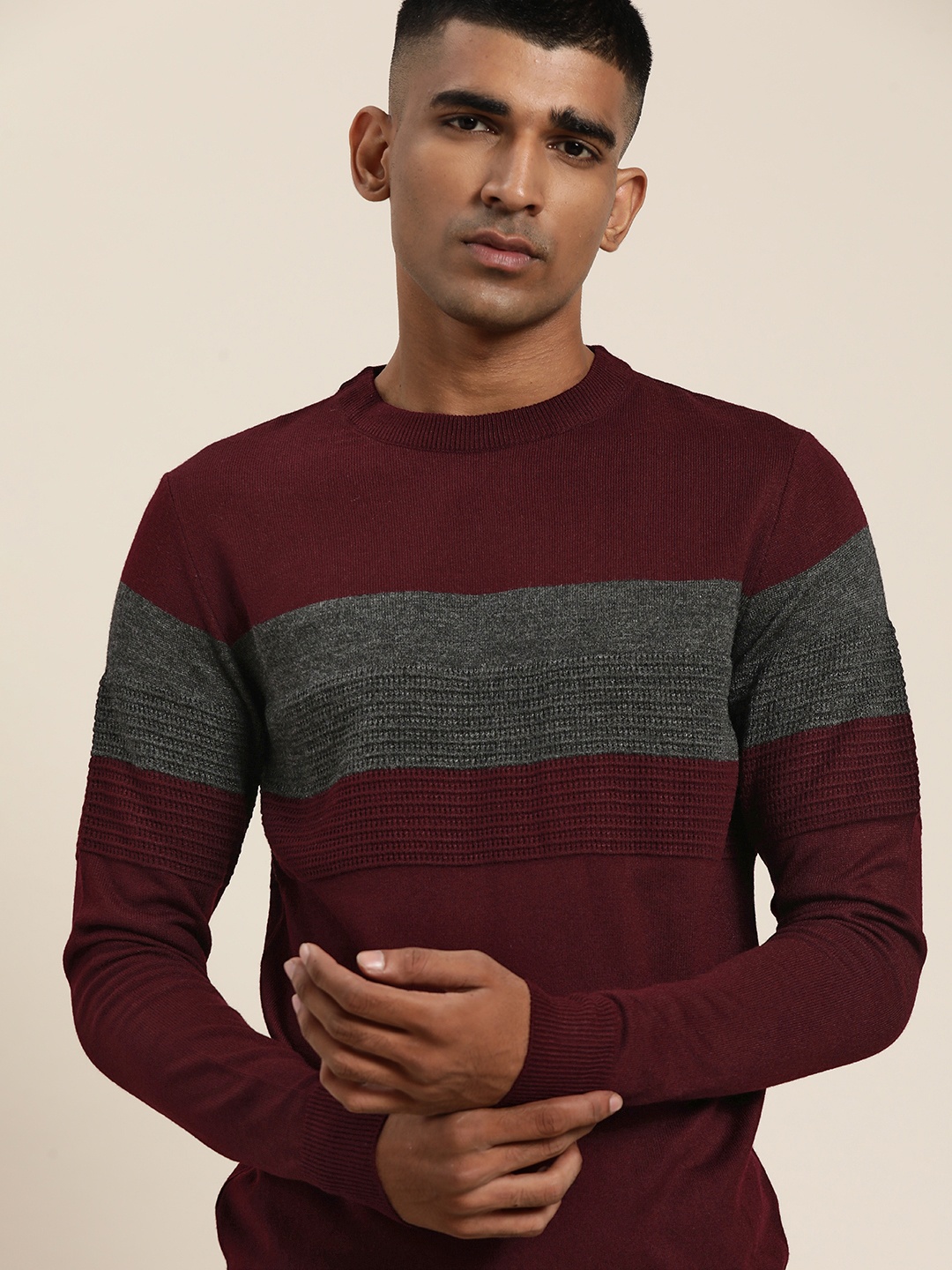 

ether Men Maroon & Charcoal Grey Colourblocked Pullover