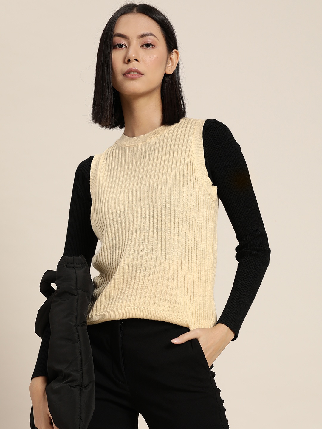 

ether Women Beige Self-Striped Sweater Vest