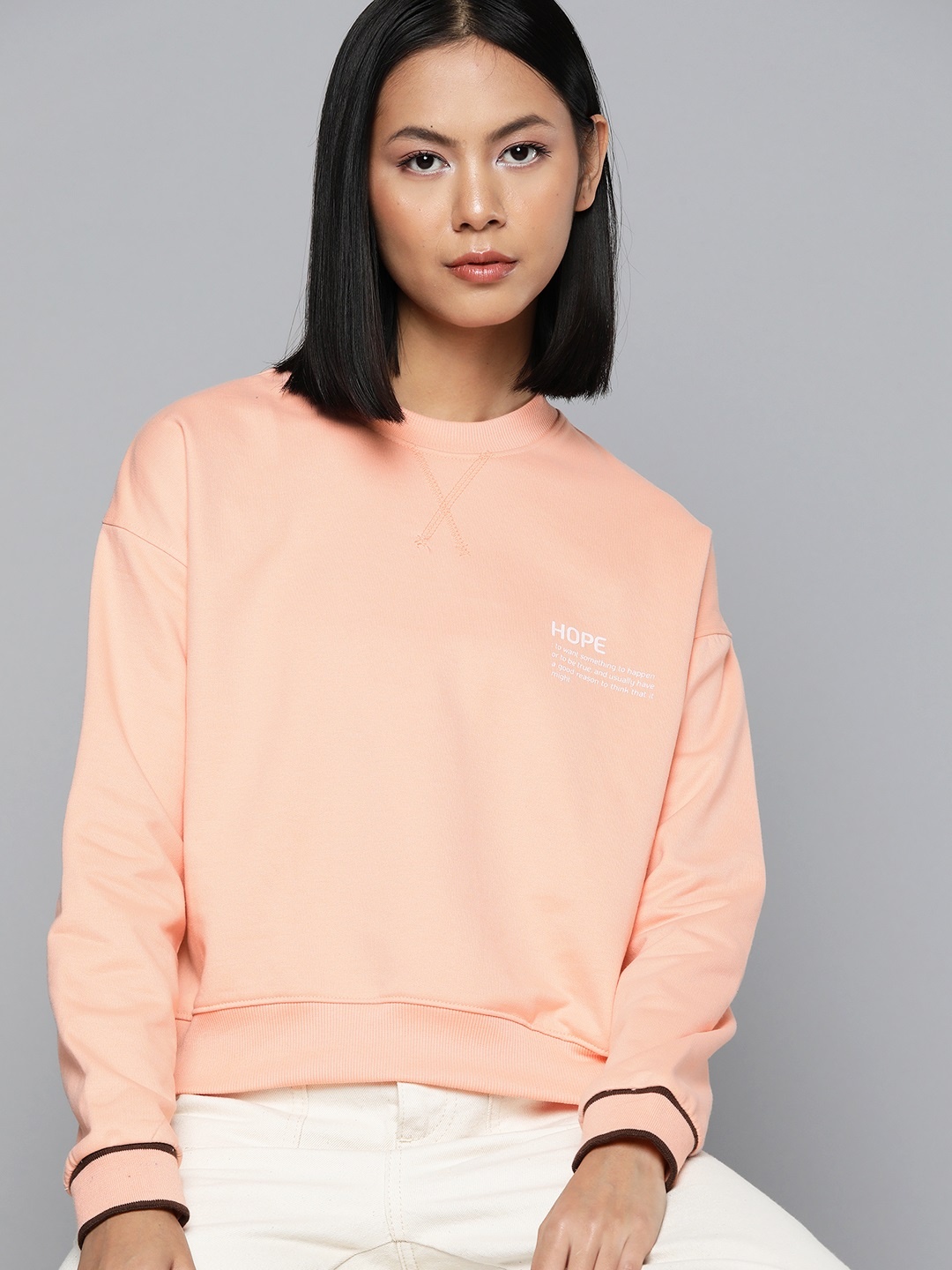 

ether Round Neck Drop Shoulder Sleeves Sweatshirt, Peach