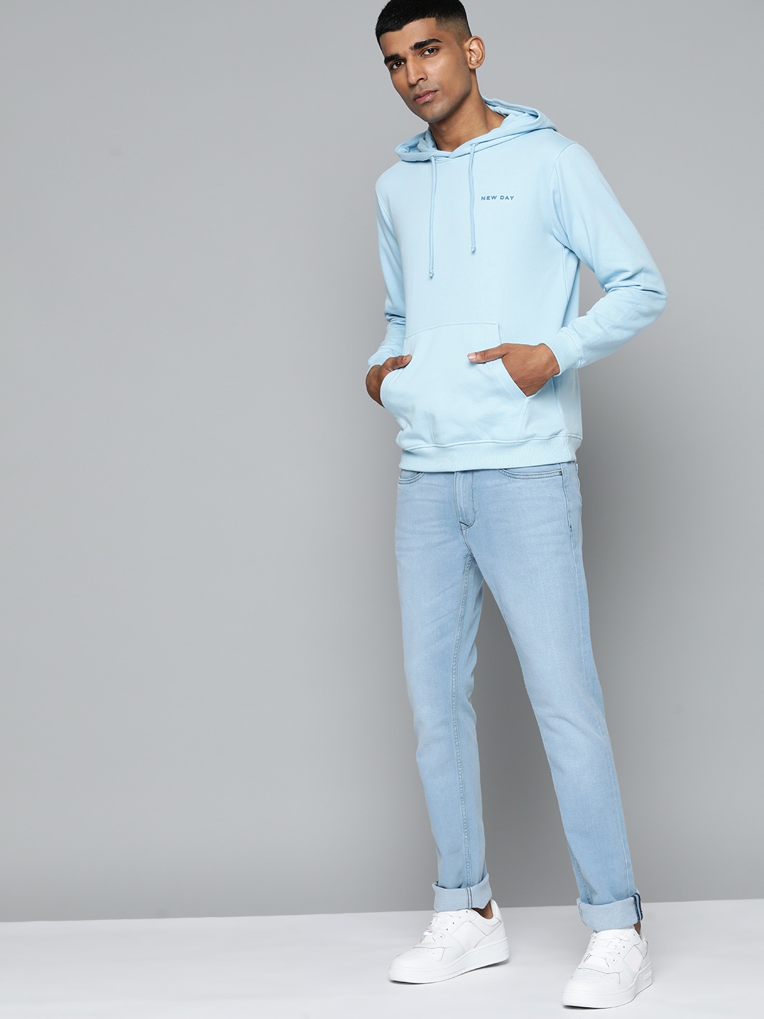 ether Men Blue Printed Hooded Sweatshirt