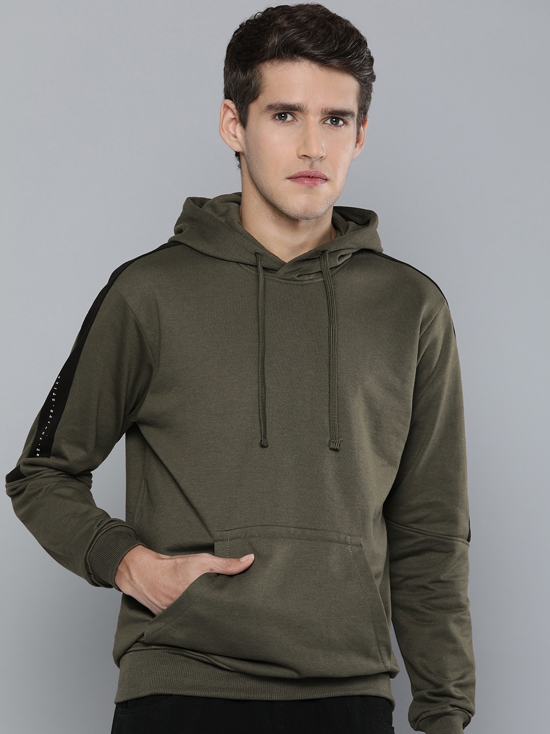 

ether Men Dark Olive Green Hooded Solid Sweatshirt