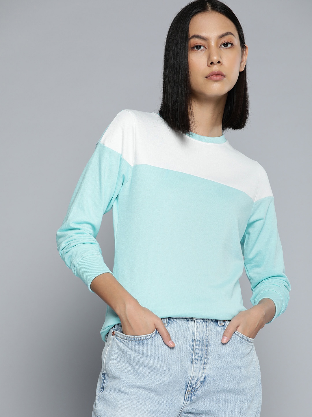 ether Women Blue Colourblocked Sweatshirt