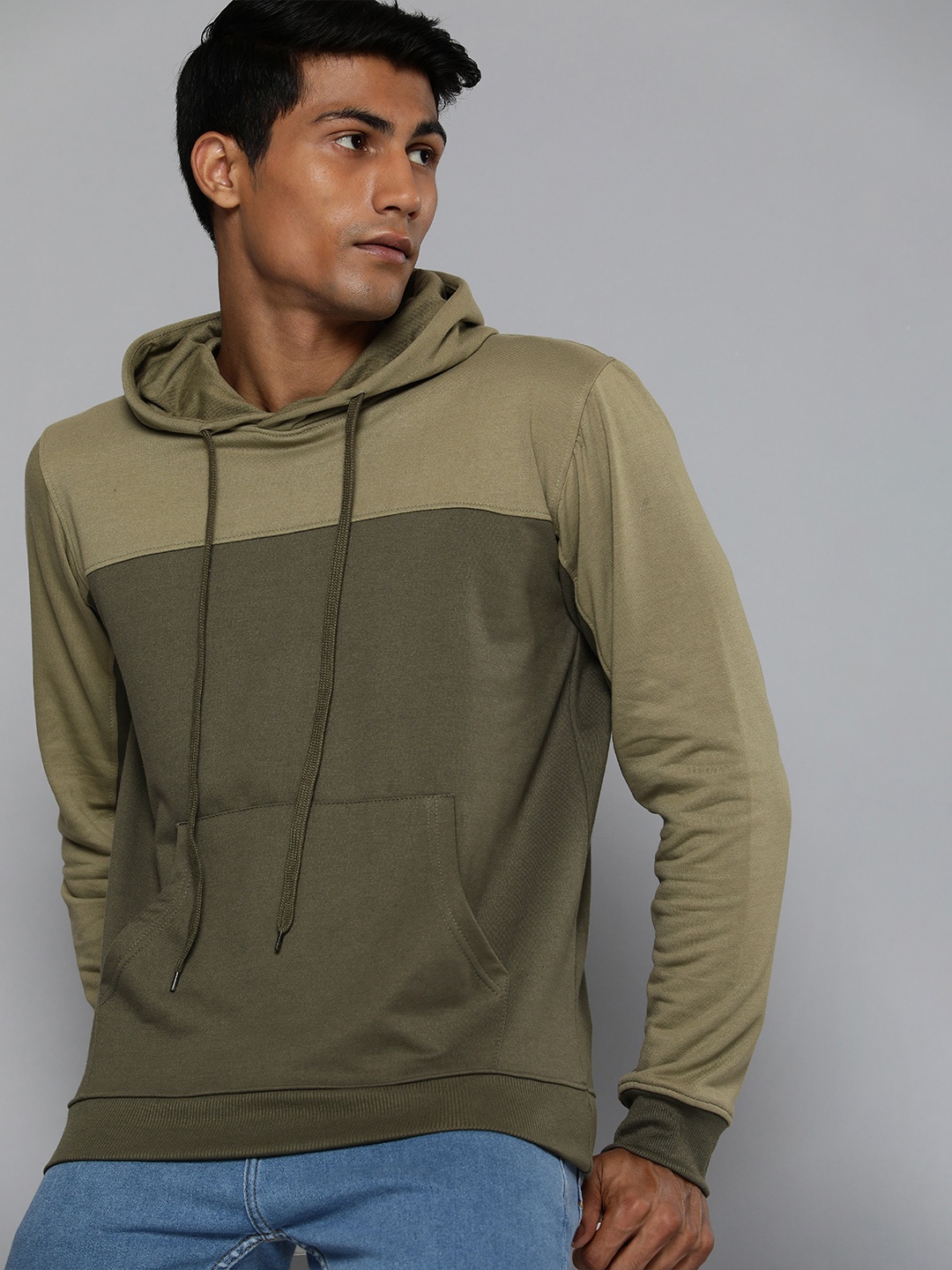 

ether Men Olive Green Colourblocked Hooded Sweatshirt