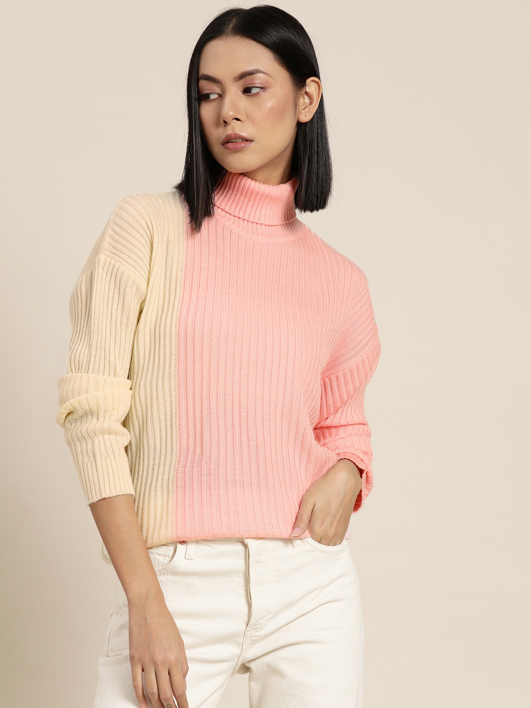 

ether Women Pink & White Colourblocked Pullover