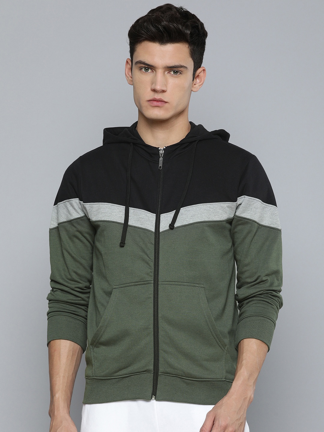 

ether Men Green & Black Colourblocked Hooded Sweatshirt