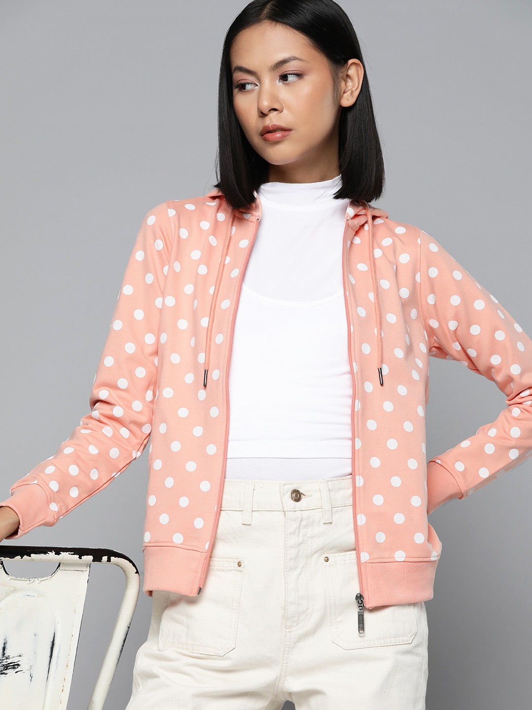 

ether Polka Dots Printed Front-Open Hooded Sweatshirt, Peach